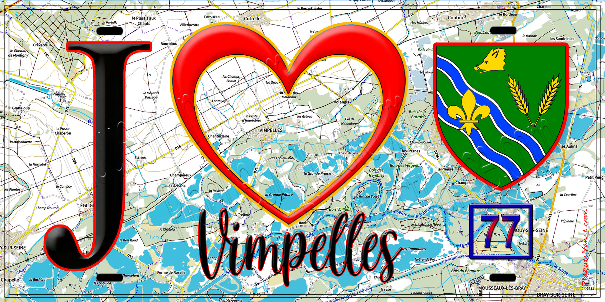 Plaque métal décorative  J' ❤️Vimpelles, Seine et Marne (77) fod carte