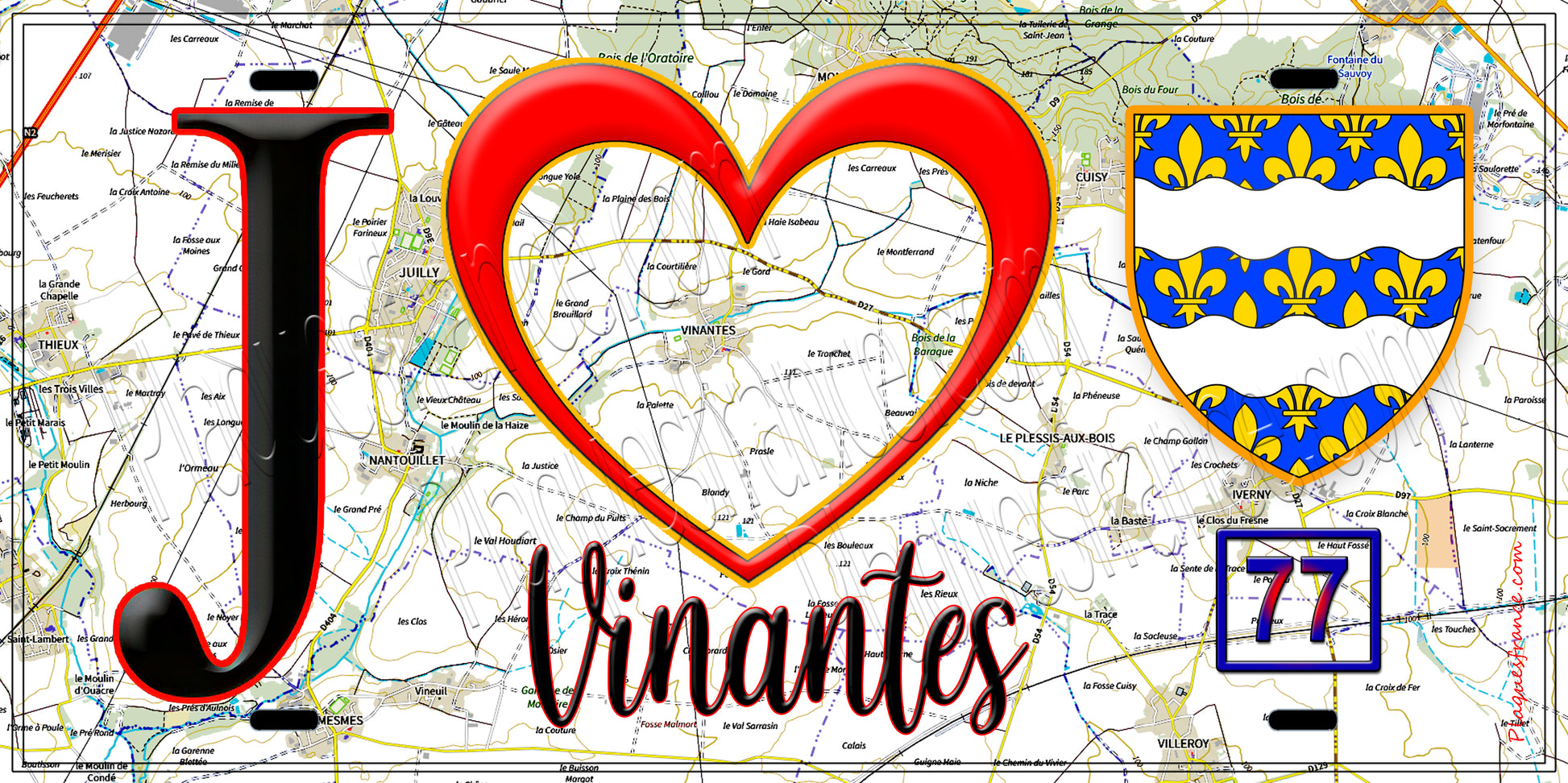 Plaque métal décorative  J' ❤️Vinantes, Seine et Marne (77) fond carte