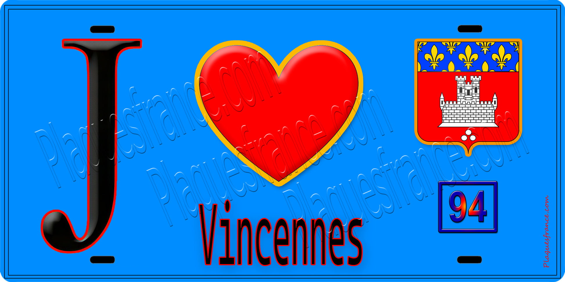 Plaque métal décorative  J' ❤️Vincennes, Val de Marne (94) fond bleu
