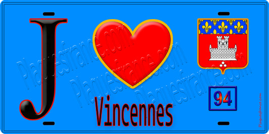 Plaque métal décorative  J' ❤️Vincennes, Val de Marne (94) fond bleu