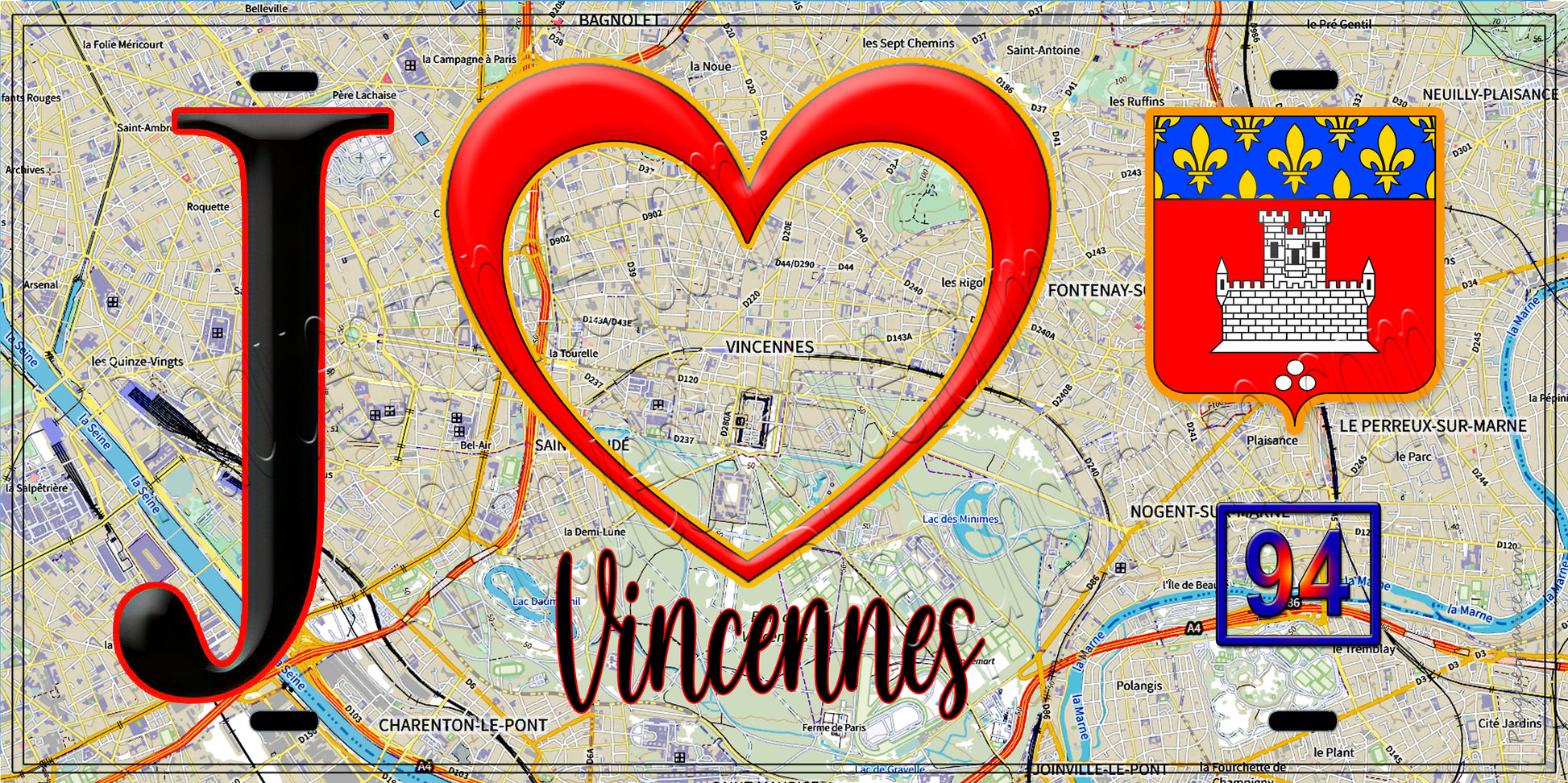 Plaque métal décorative  J' ❤️Vincennes, Val de Marne (94) fond carte
