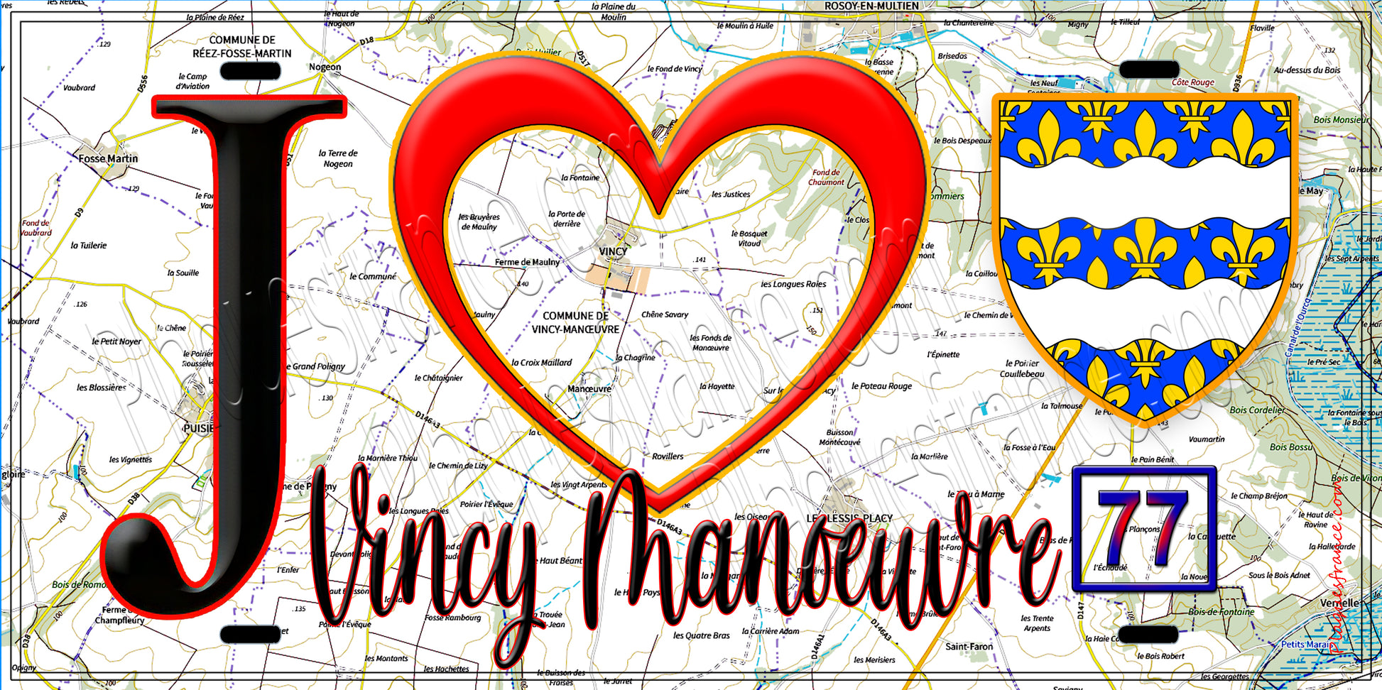 Plaque métal décorative  J' ❤️Vincy-Manœuvre, Seine et Marne (77) fond carte