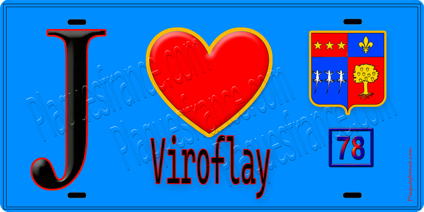 Plaque métal décorative  J' ❤️Viroflay, Yvelines (78) fond bleu