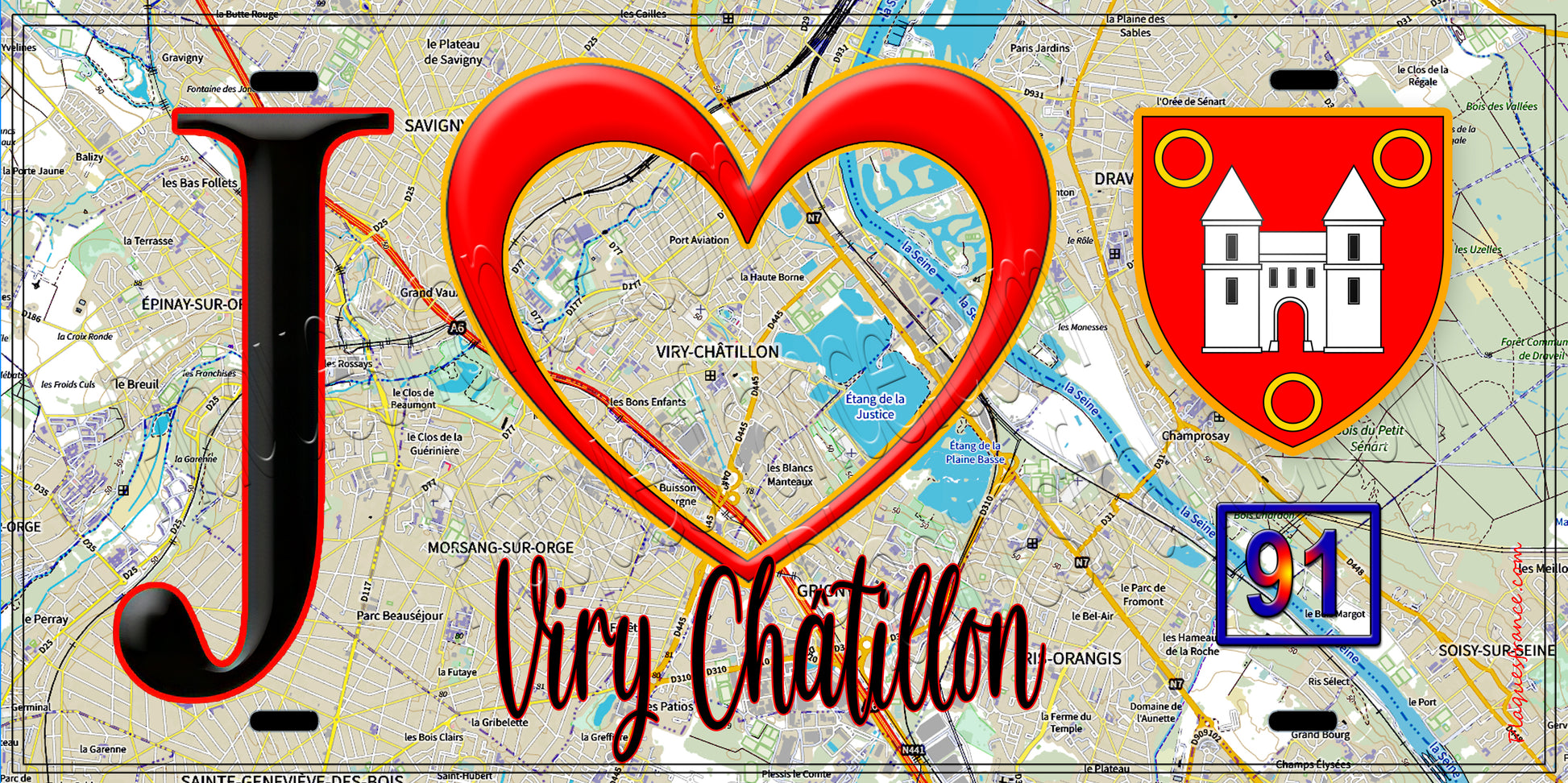 Plaque métal décorative  J' ❤️Viry-Châtillon, Essonne (91) fond carte