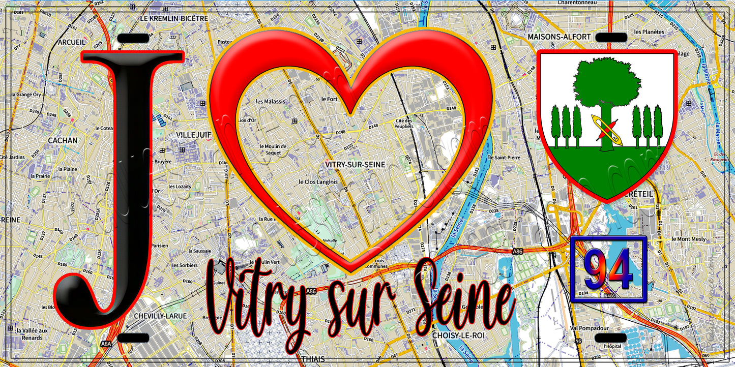 Plaque métal décorative  J' ❤️Vitry-sur-Seine, Val de Marne (94) fond carte