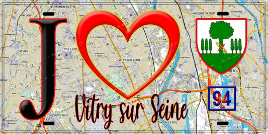 Plaque métal décorative  J' ❤️Vitry-sur-Seine, Val de Marne (94) fond carte
