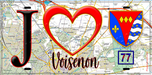 Plaque métal décorative  J' ❤️Voisenon, Seine et Marne (77) fond carte