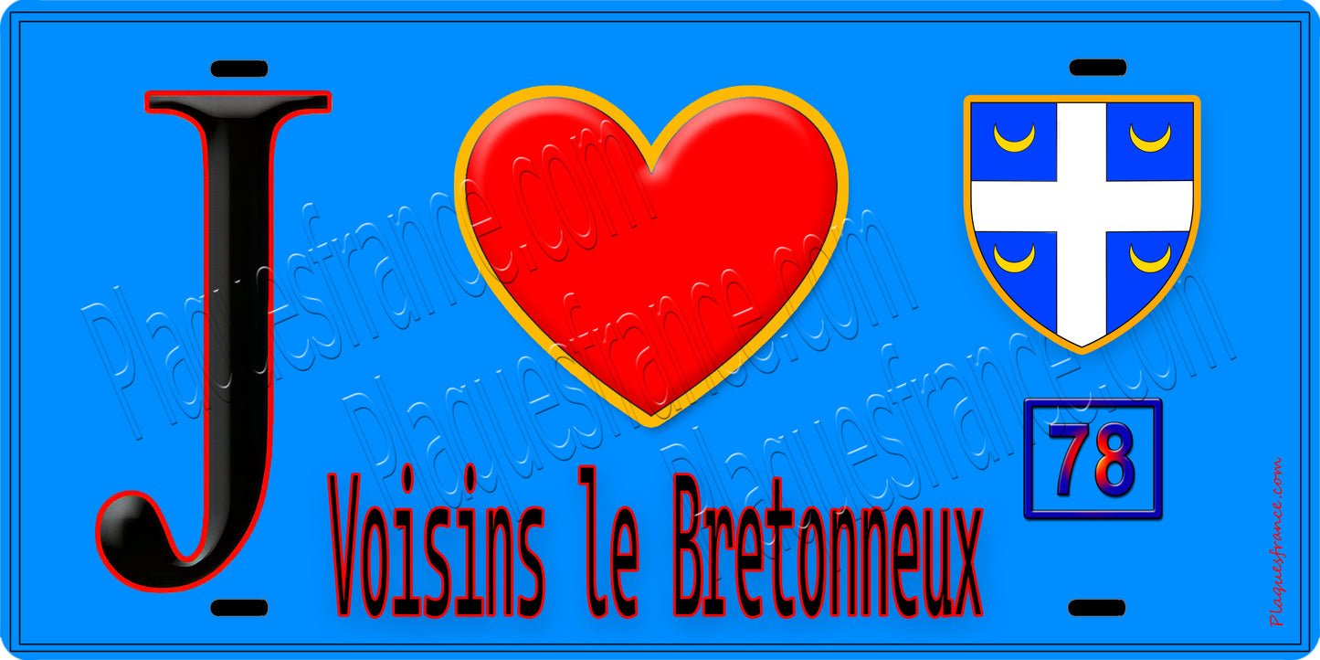 Plaque métal décorative  J' ❤️Voisins-le-Bretonneux, Yvelines (78) fond beu