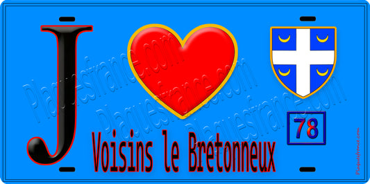 Plaque métal décorative  J' ❤️Voisins-le-Bretonneux, Yvelines (78) fond beu