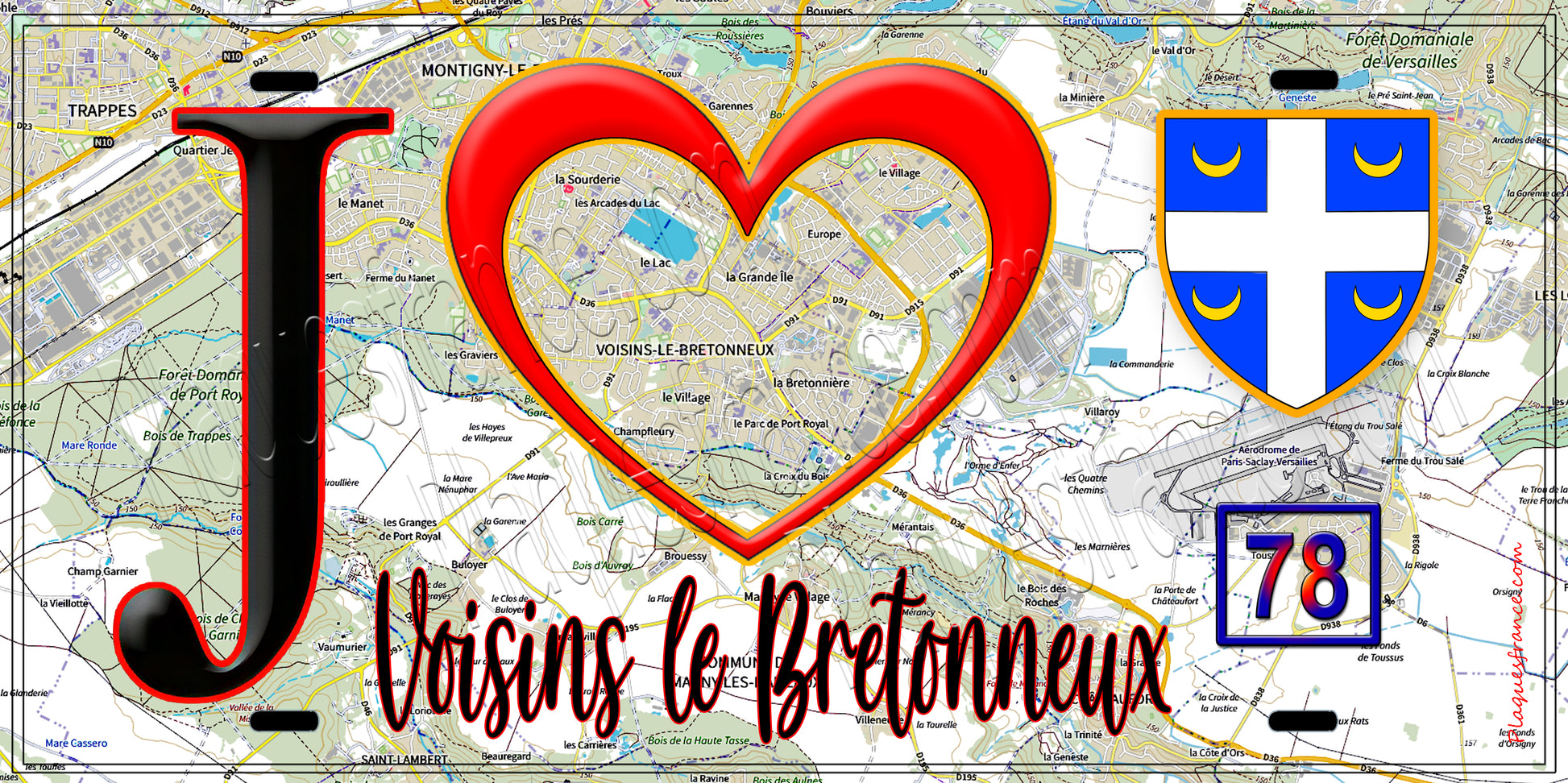 Plaque métal décorative  J' ❤️Voisins-le-Bretonneux, Yvelines (78) fond carte