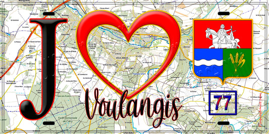 Plaque métal décorative  J' ❤️Voulangis, Seine et Marne (77) fond carte