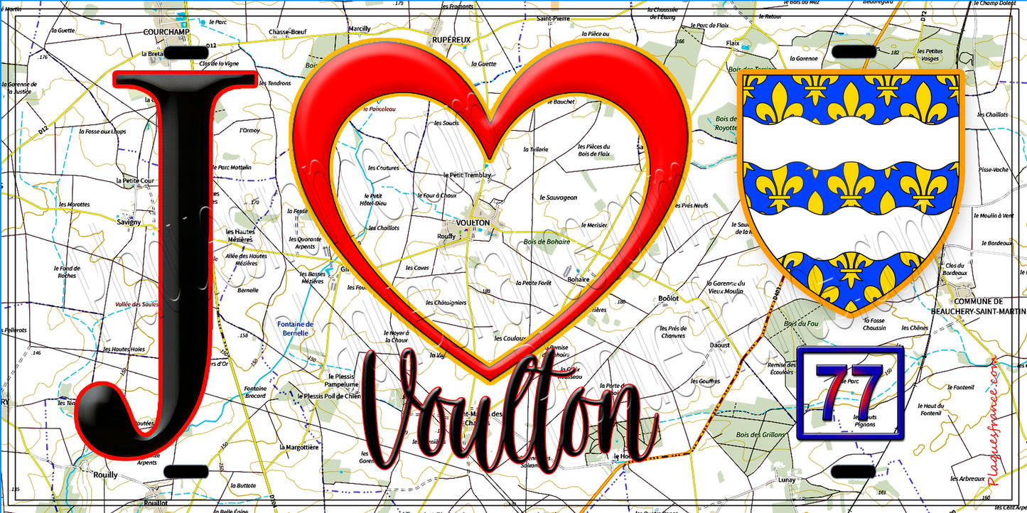 Plaque métal décorative  J' ❤️Voulton, Seine et Marne (77) fond carte