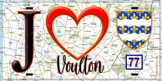 Plaque métal décorative  J' ❤️Voulton, Seine et Marne (77) fond carte