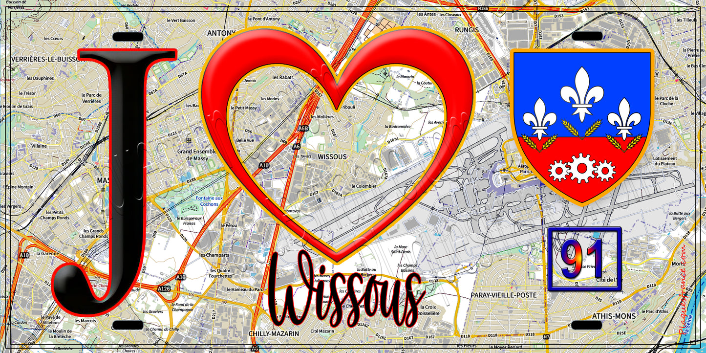 Plaque métal décorative  J' ❤️Wissous, Essonne (91)