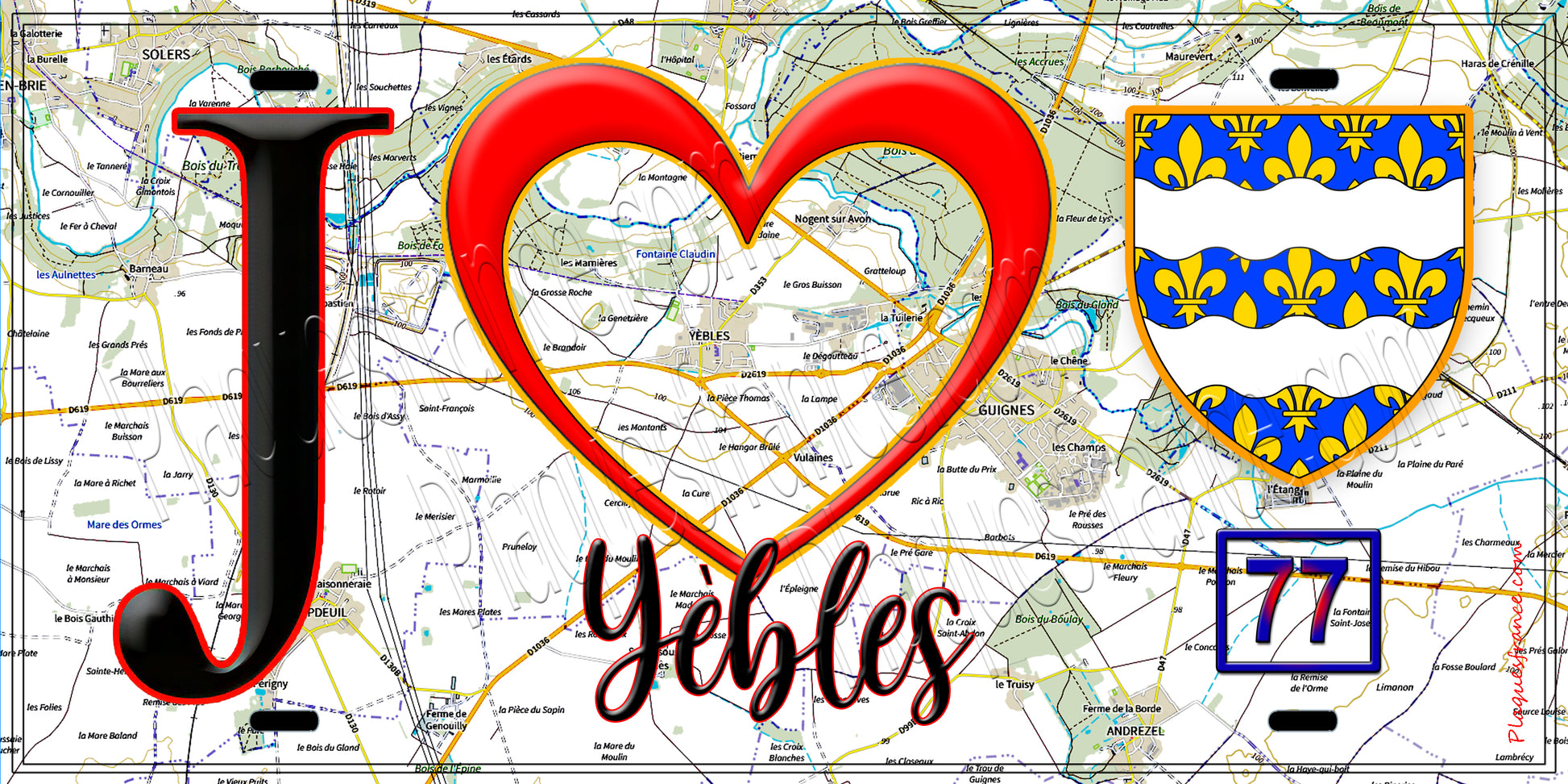 Plaque métal décorative  J' ❤️Yèbles, Seine et Marne (77) fond carte