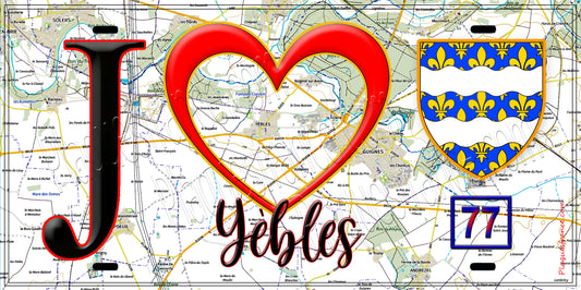 Plaque métal décorative  J' ❤️Yèbles, Seine et Marne (77) fond carte