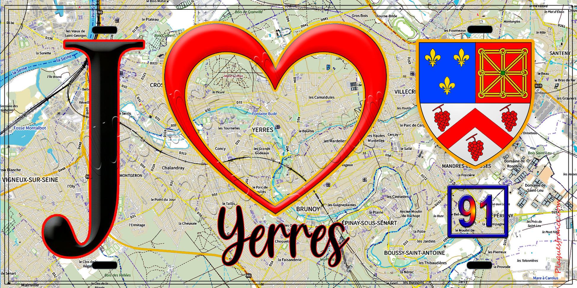 Plaque métal décorative  J' ❤️Yerres, Essonne (91) fond carte