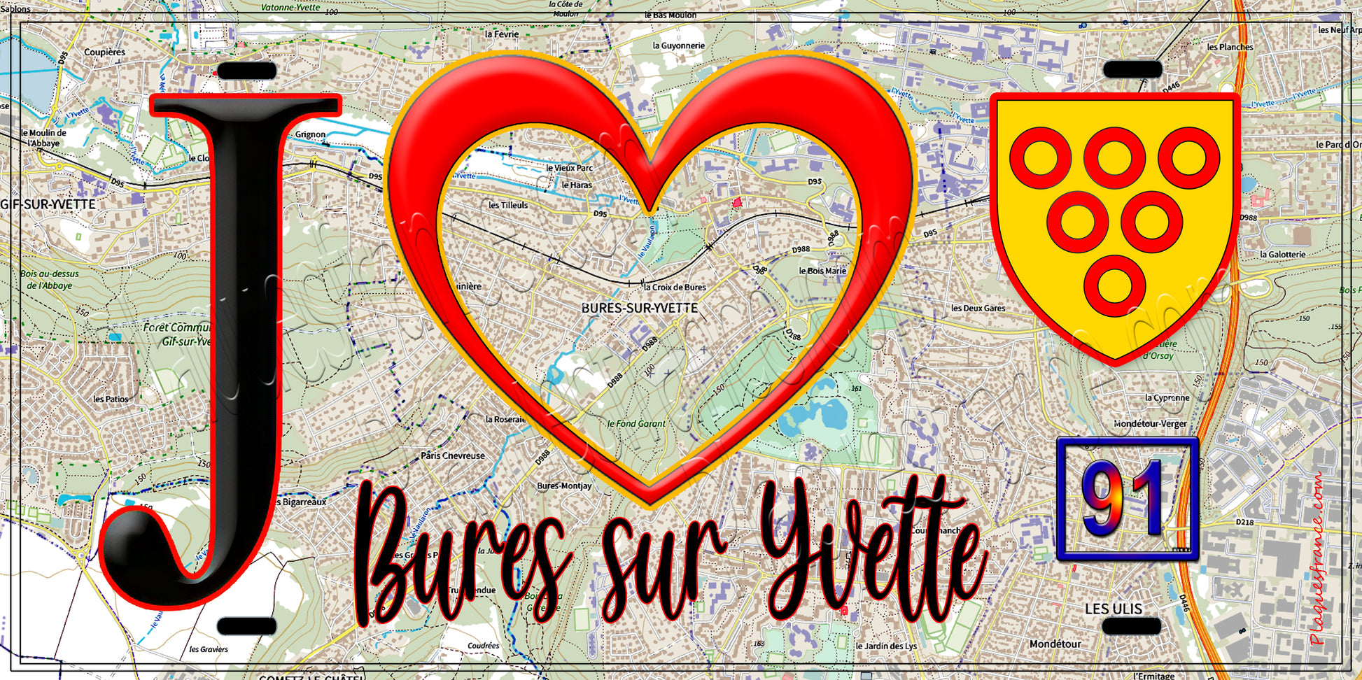 Plaque métal décorative  J' ❤️Bures-sur-Yvette, Essonne (91) fond carte