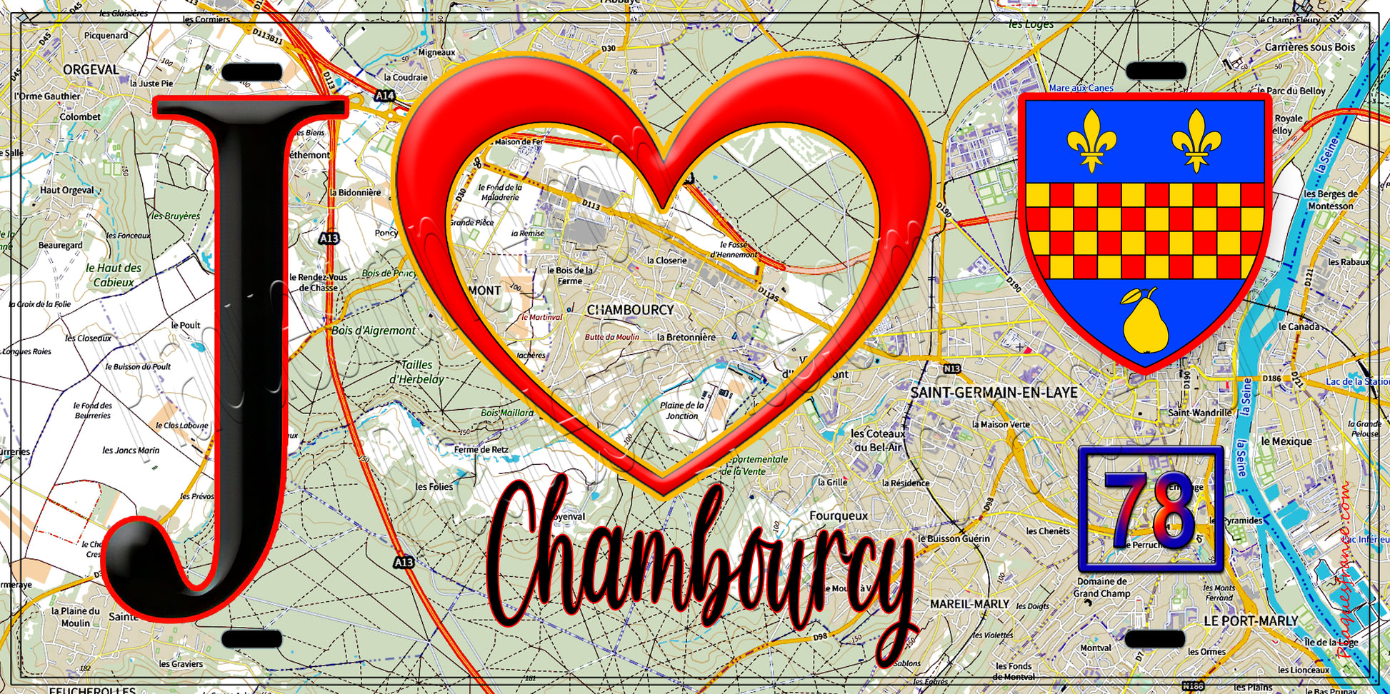 Plaque métal décorative  J' ❤️ Chambourcy, Yvelines (78) fond cate