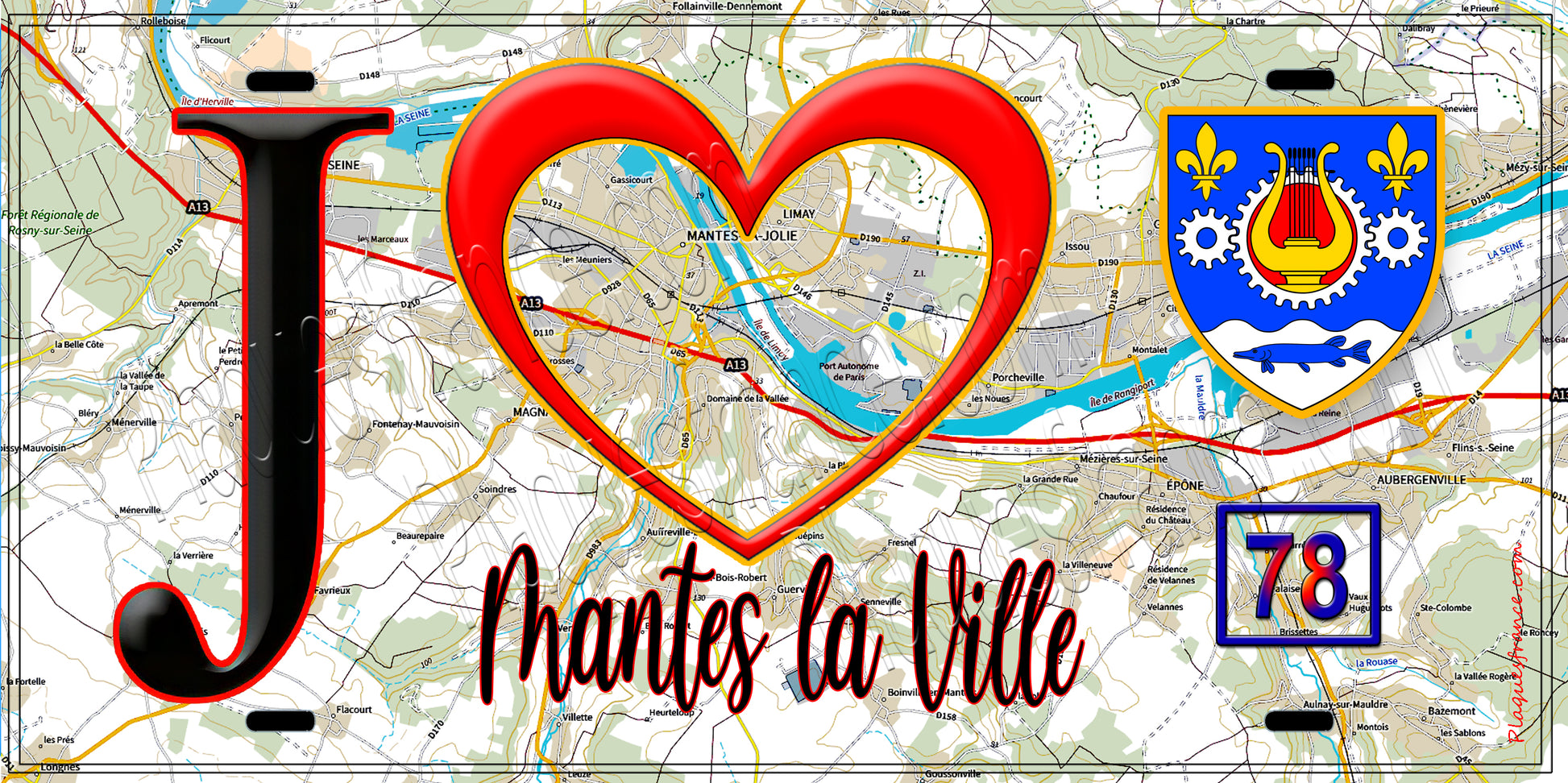 Plaque métal décorative  J' ❤️ Mantes-la-Ville, Yvelines (78) fond carte