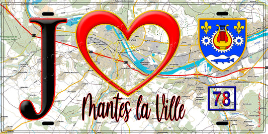 Plaque métal décorative  J' ❤️ Mantes-la-Ville, Yvelines (78) fond carte
