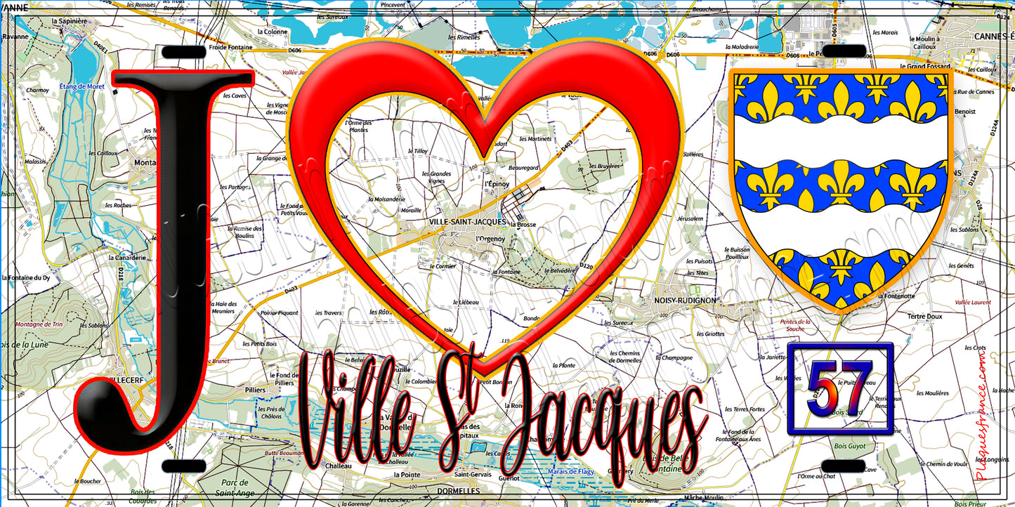 Plaque métal décorative  J' ❤️Ville-Saint-Jacques, Seine et Marne (77) fond carte