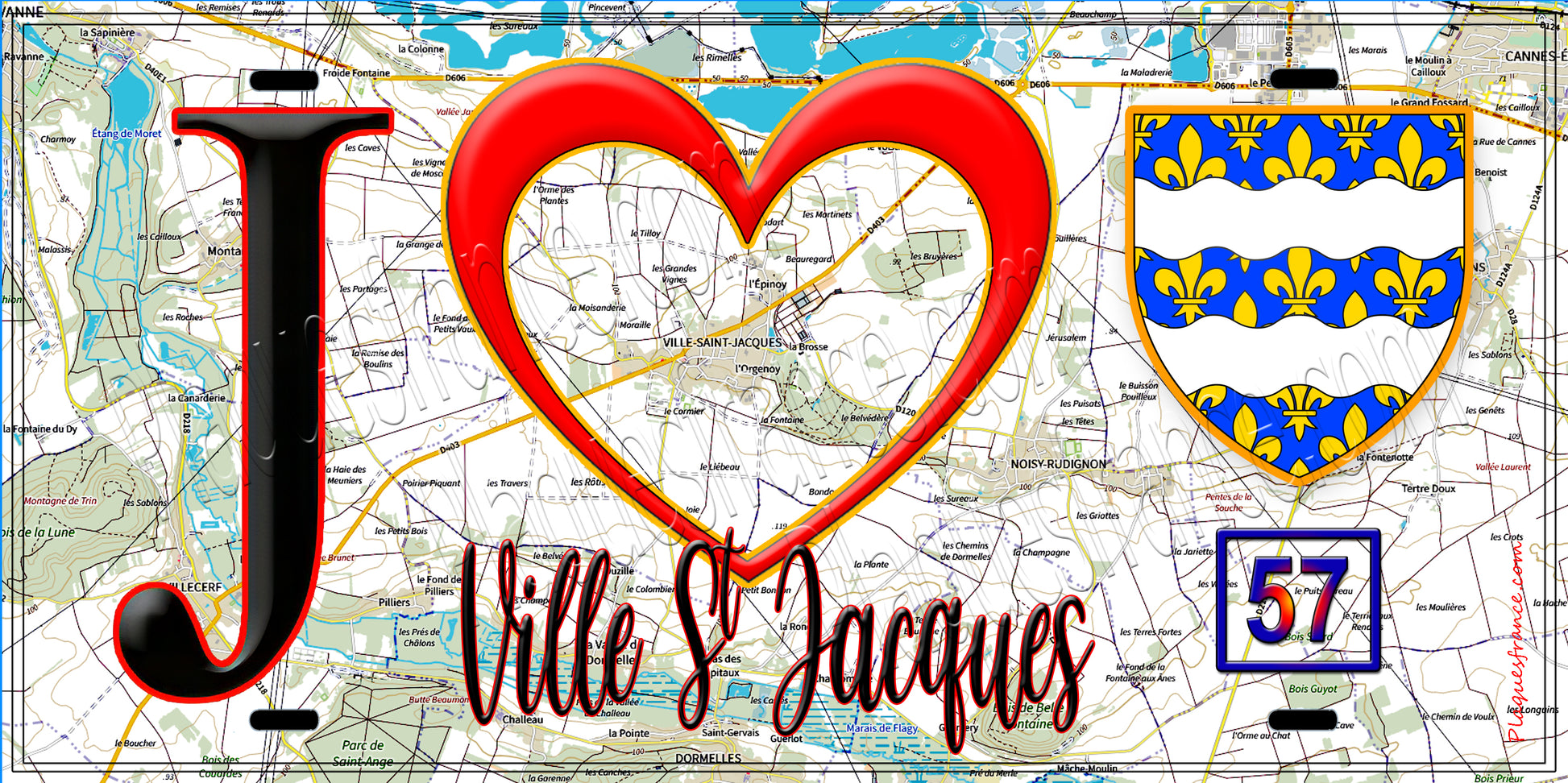 Plaque métal décorative  J' ❤️Ville-Saint-Jacques, Seine et Marne (77) fond carte