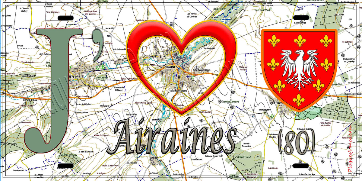 Plaque métal décorative 15X30 J' ❤️ Airaines, Somme (80) géo