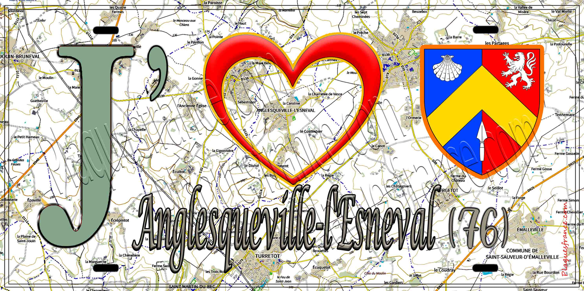 Plaque métal décorative 15X30 J' ❤️ Anglesqueville-l'Esneval, Seine Maritime (76) geo