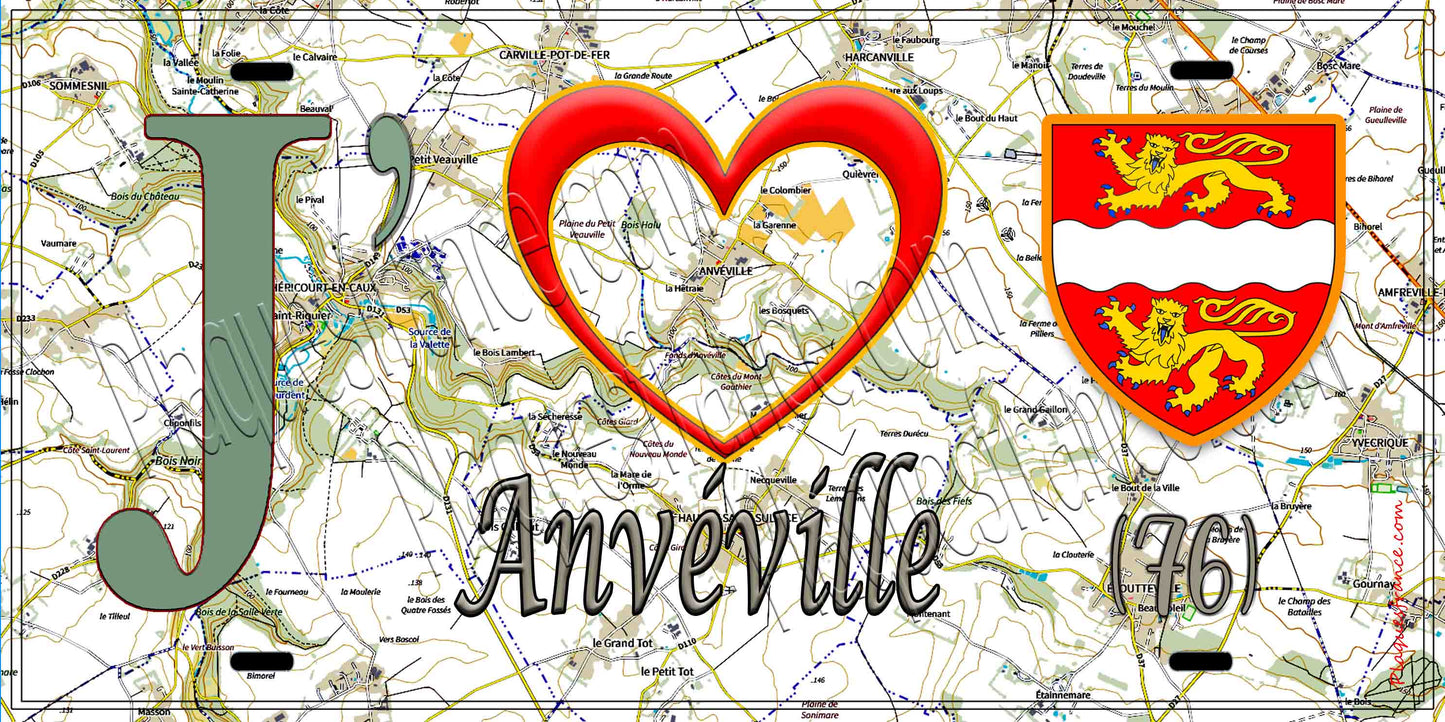 Plaque métal décorative 15X30 J' ❤️ Anvéville, Seine Maritime (76) géo