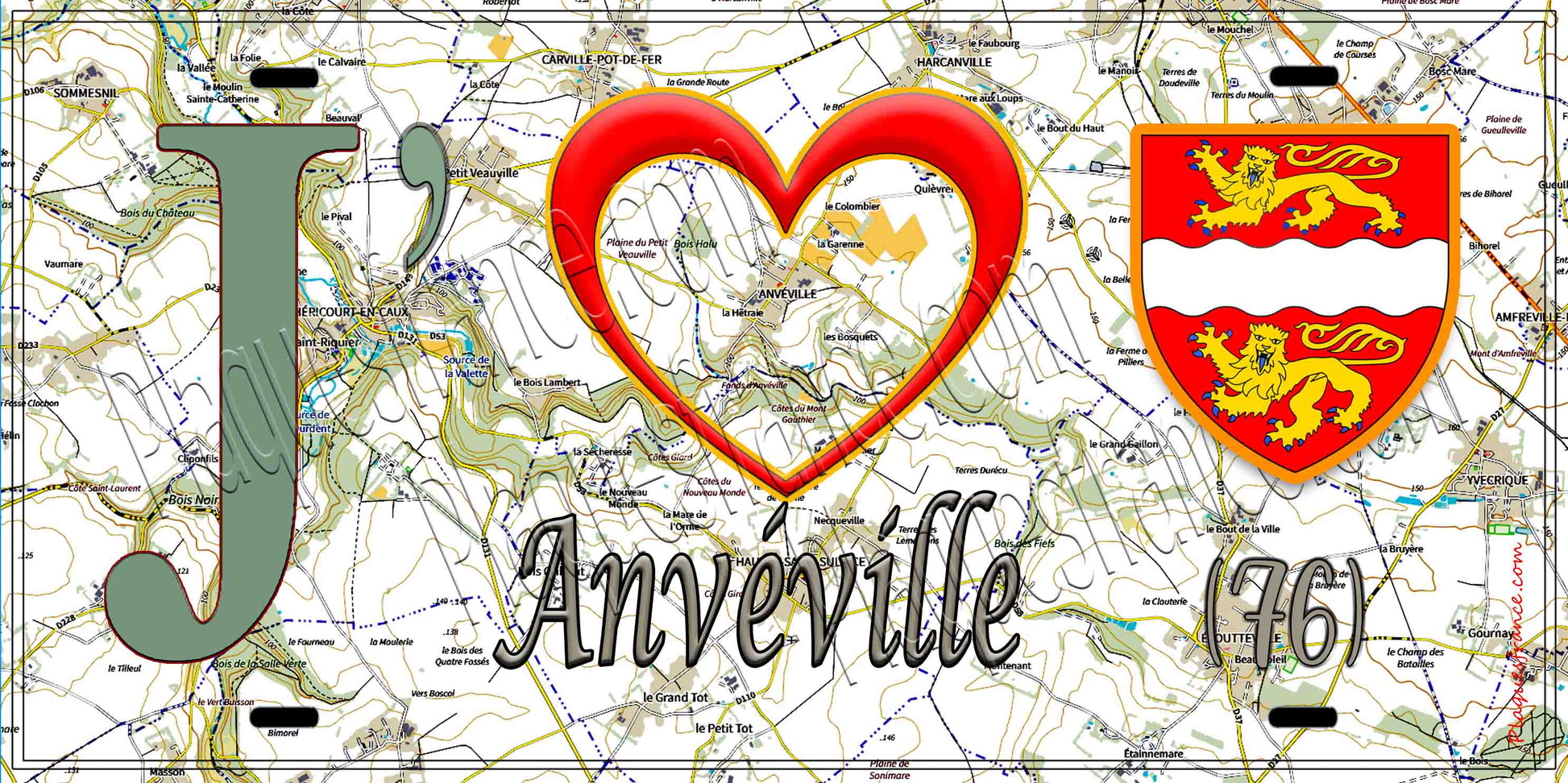 Plaque métal décorative 15X30 J' ❤️ Anvéville, Seine Maritime (76) géo