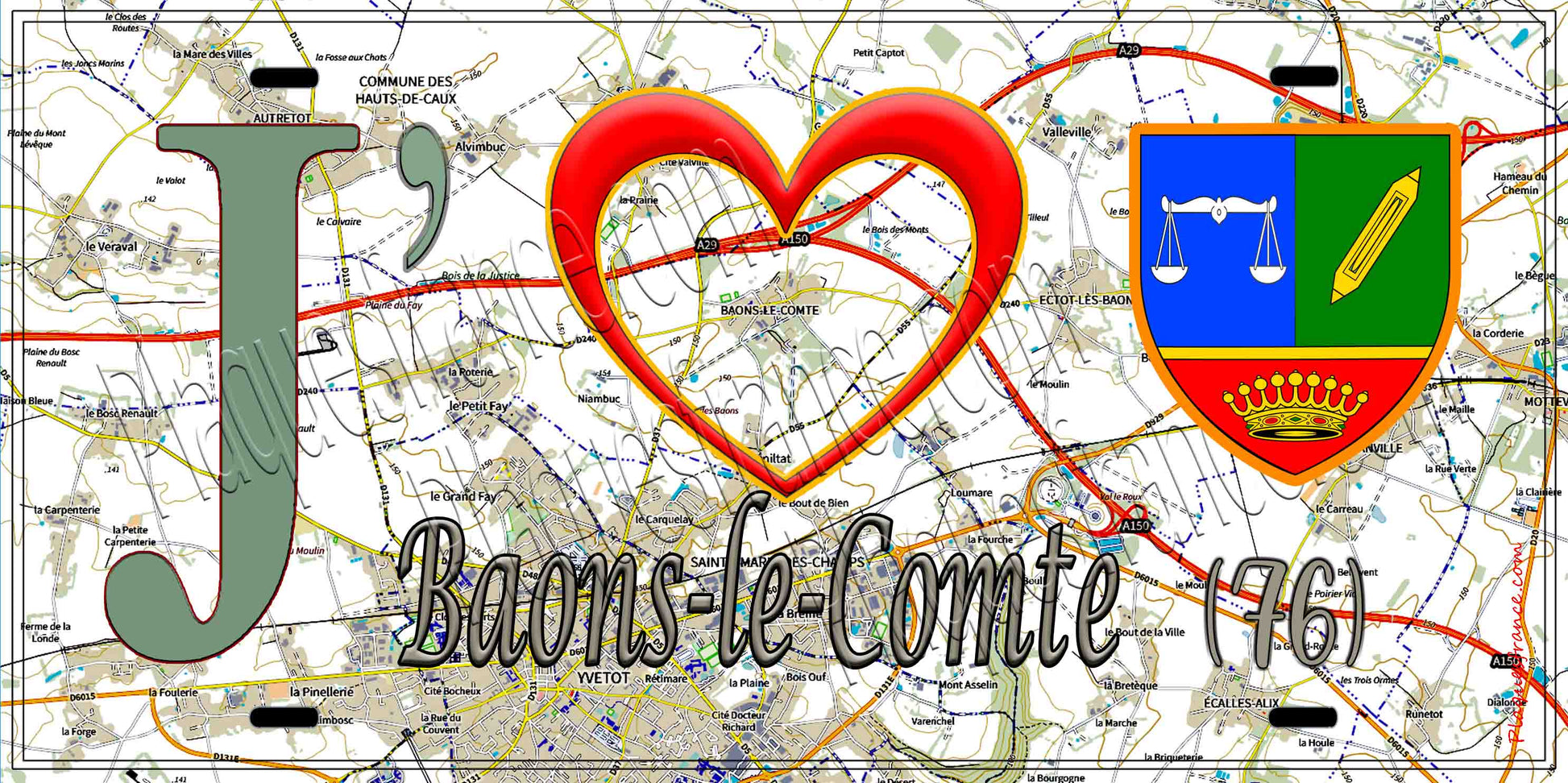 Plaque métal décorative 15X30 J' ❤️ Baons-le-Comte, Seine Maritime (76) géo