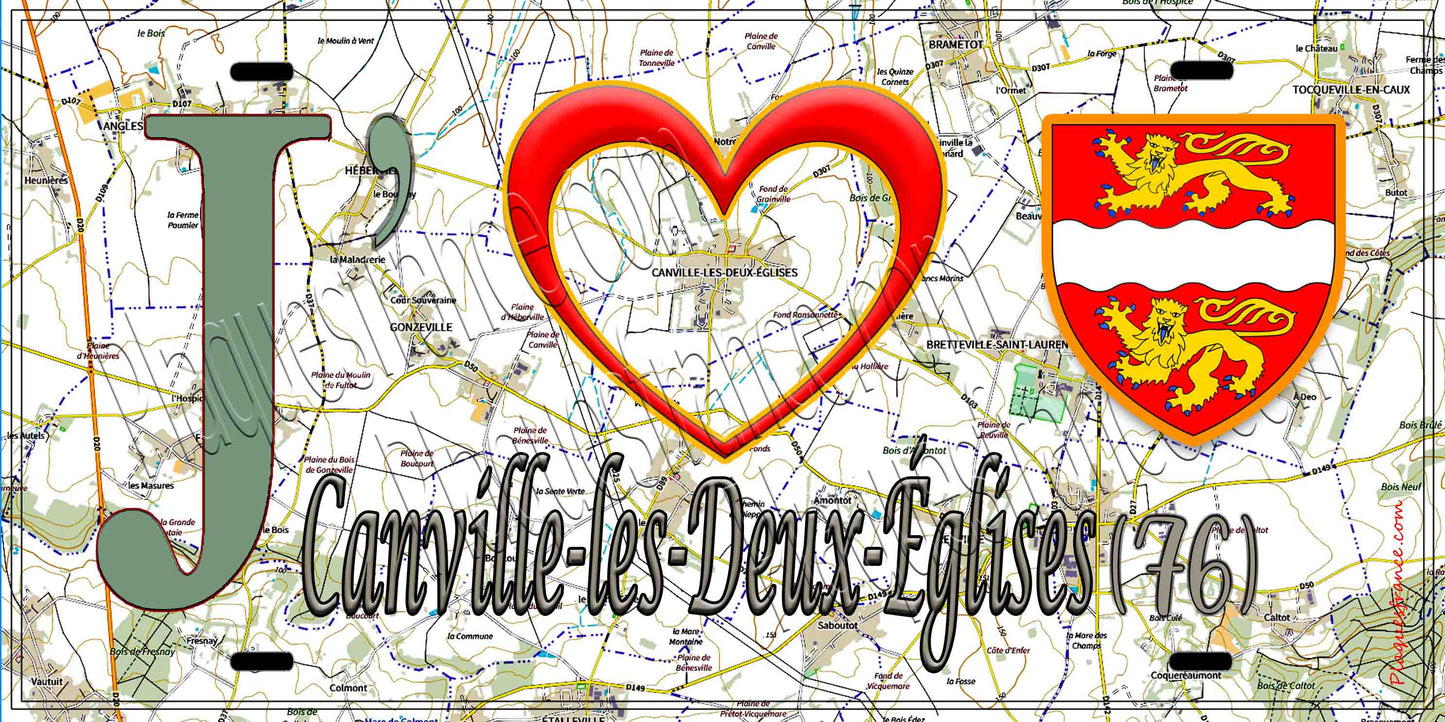 Plaque métal décorative 15X30 J' ❤️ Canville-les-Deux-Églises, Seine Maritime (76) géo