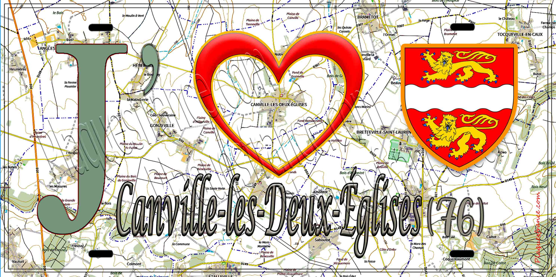 Plaque métal décorative 15X30 J' ❤️ Canville-les-Deux-Églises, Seine Maritime (76) géo