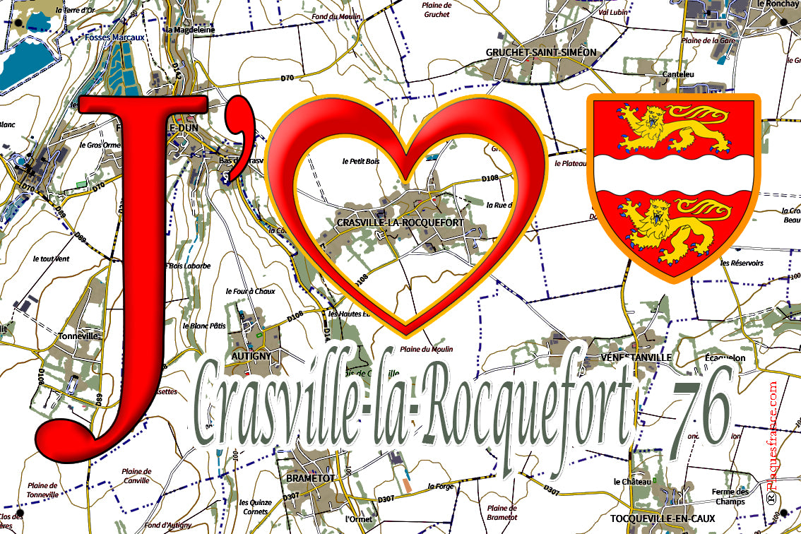 Plaque métal décorative 20 cm x 30 cm J' ❤️ Crasville-la-Rocquefort, Seine Maritime (76)