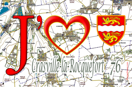 Plaque métal décorative 20 cm x 30 cm J' ❤️ Crasville-la-Rocquefort, Seine Maritime (76)