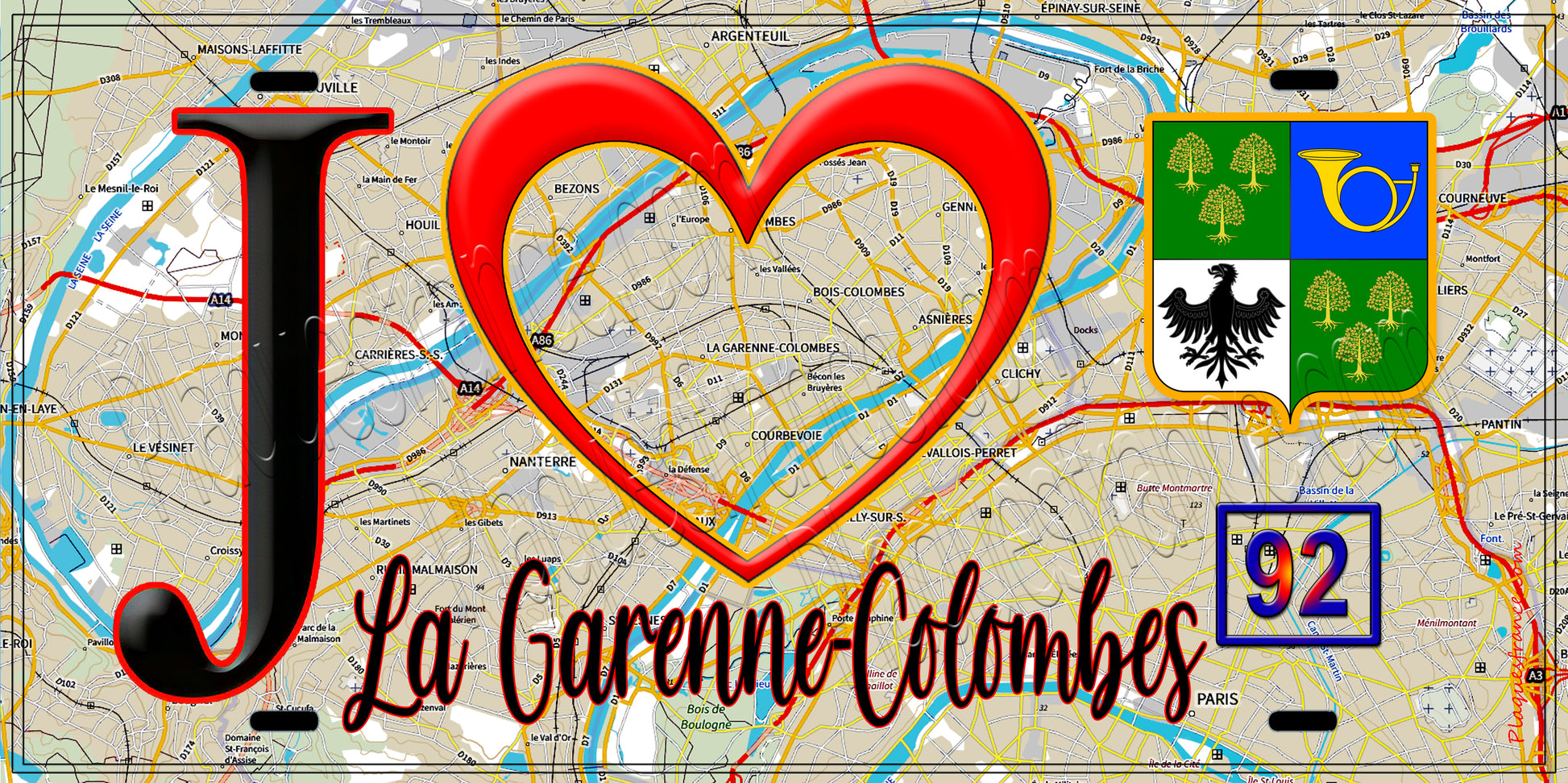 Plaque métal décorative  J' ❤️ La Garenne-Colombes, Hauts de Seine (92) fond carte