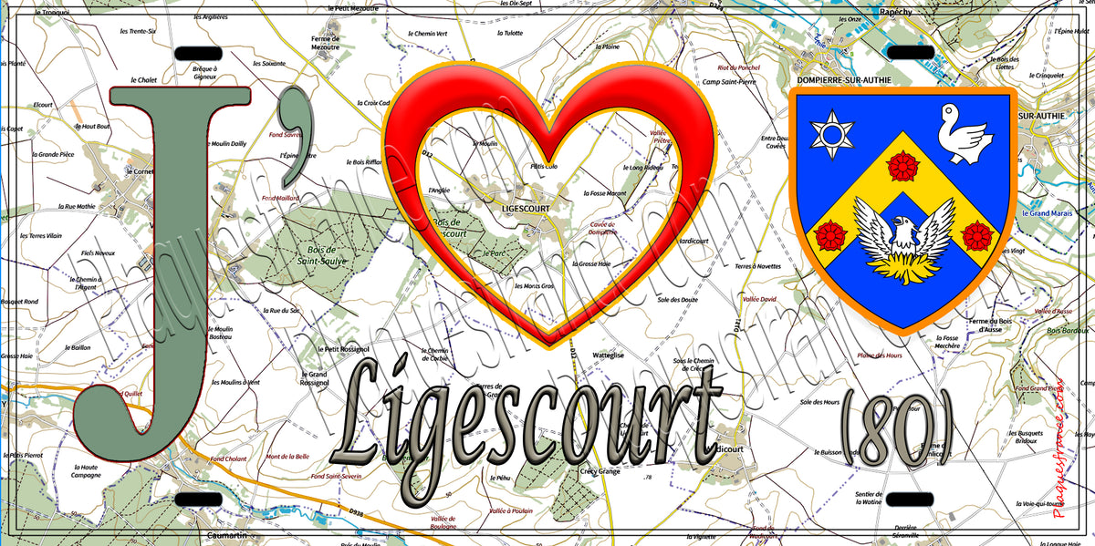 Plaque métal décorative 15X30 J' ❤️ il love Ligescourt, Somme (80)