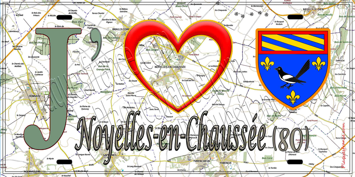Plaque métal décorative 15X30 J' ❤️ il love Noyelles-en-Chaussée, Somme (80)