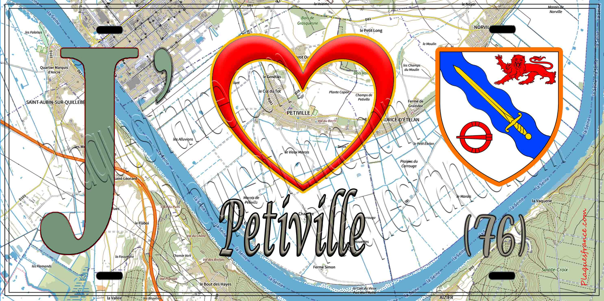 Plaque métal décorative 15X30 J' ❤️Petiville, Seine Maritime (76) géo