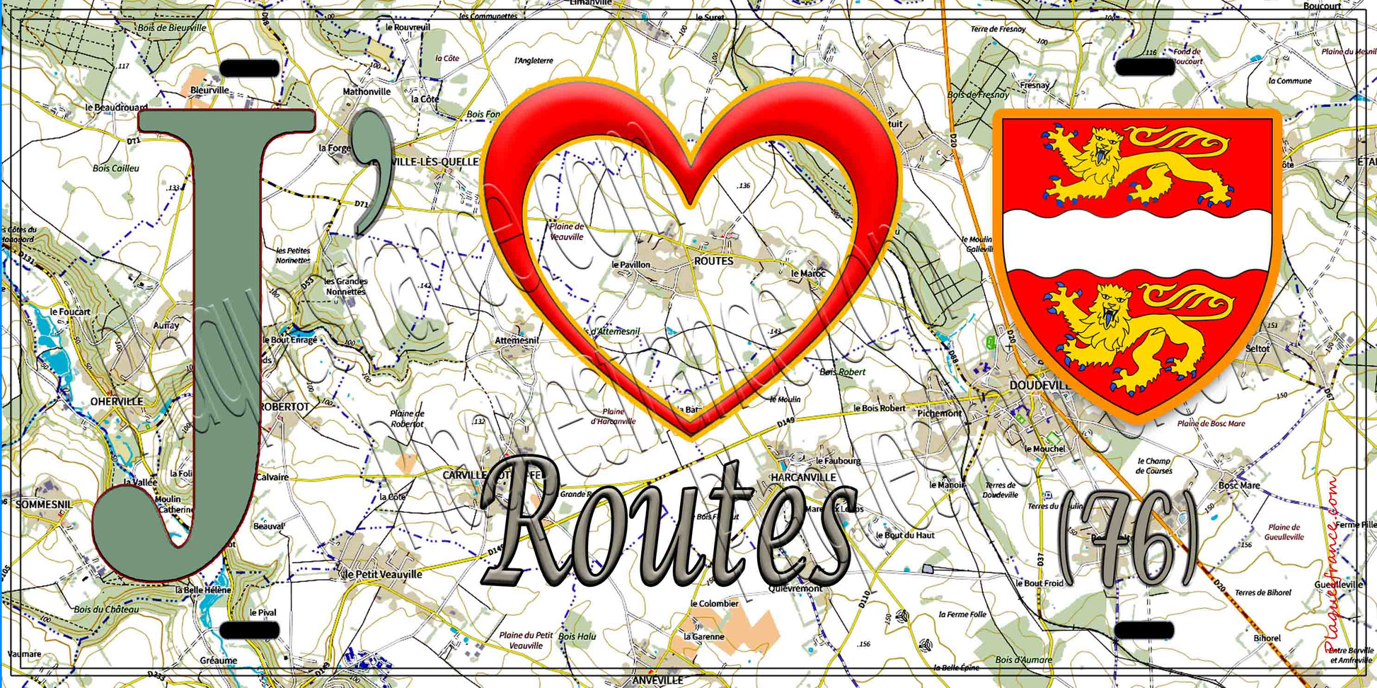 Plaque métal décorative 15X30 J' ❤️ Routes , Seine Maritime (76) geo