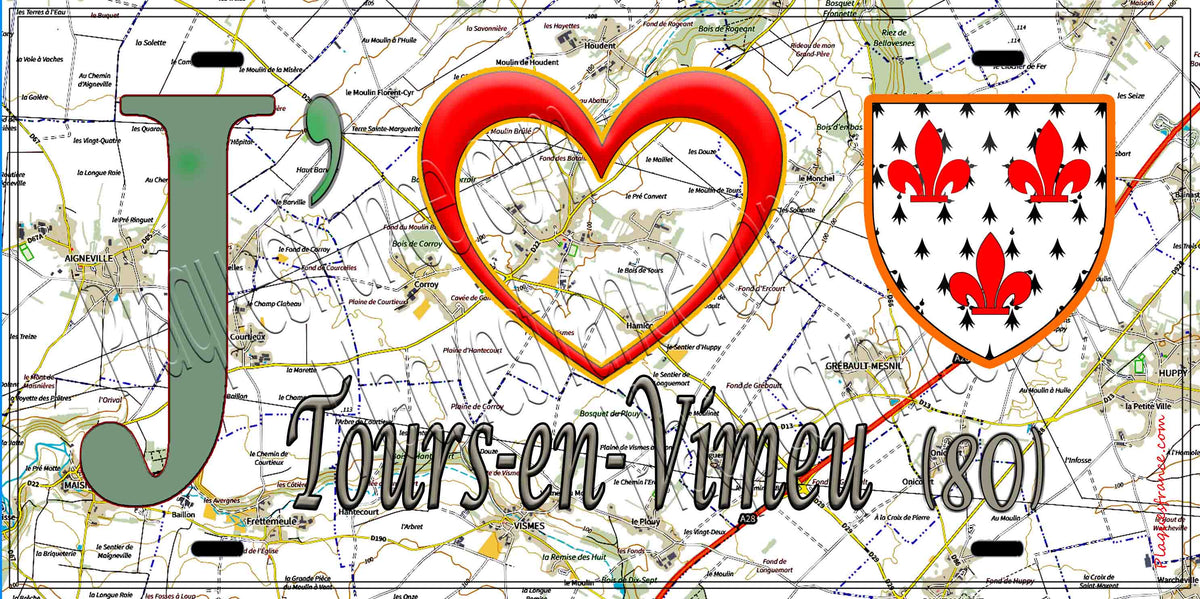 Plaque métal décorative 15X30 J' ❤️ Tours-en-Vimeu, Somme (80) géo