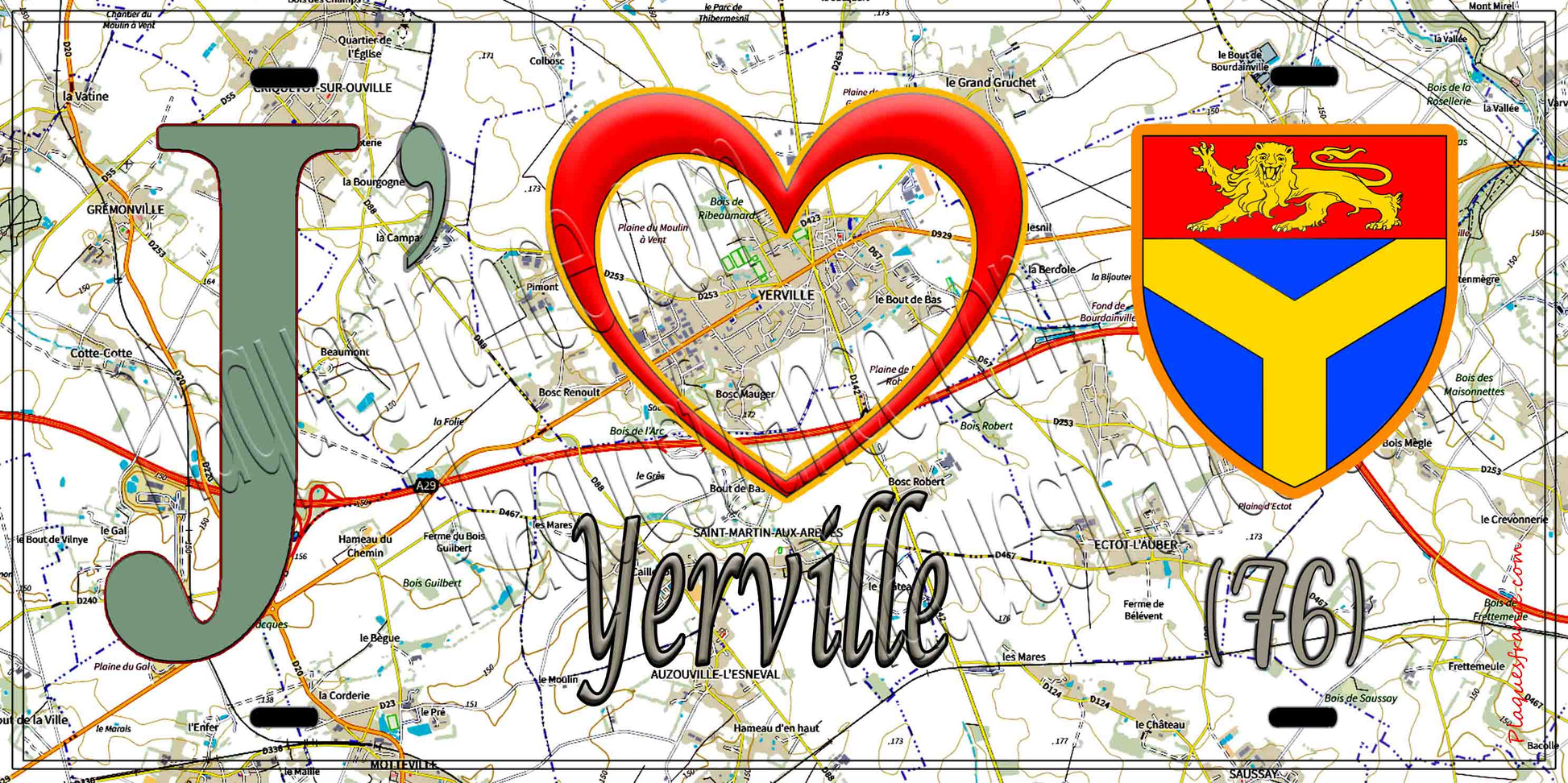 Plaque métal décorative 15X30 J' ❤️ Yerville , Seine Maritime (76) geo
