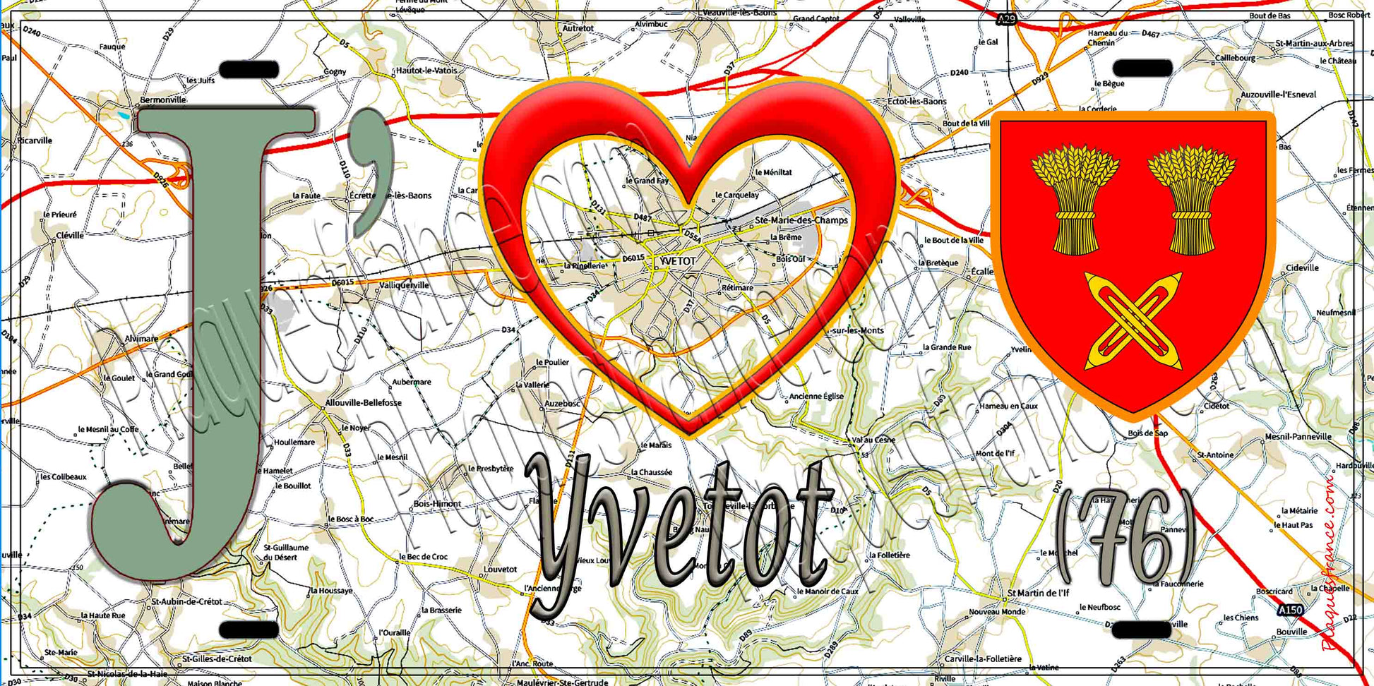 Plaque métal décorative 15X30 J' ❤️ Yvetot , Seine Maritime (76) geo2