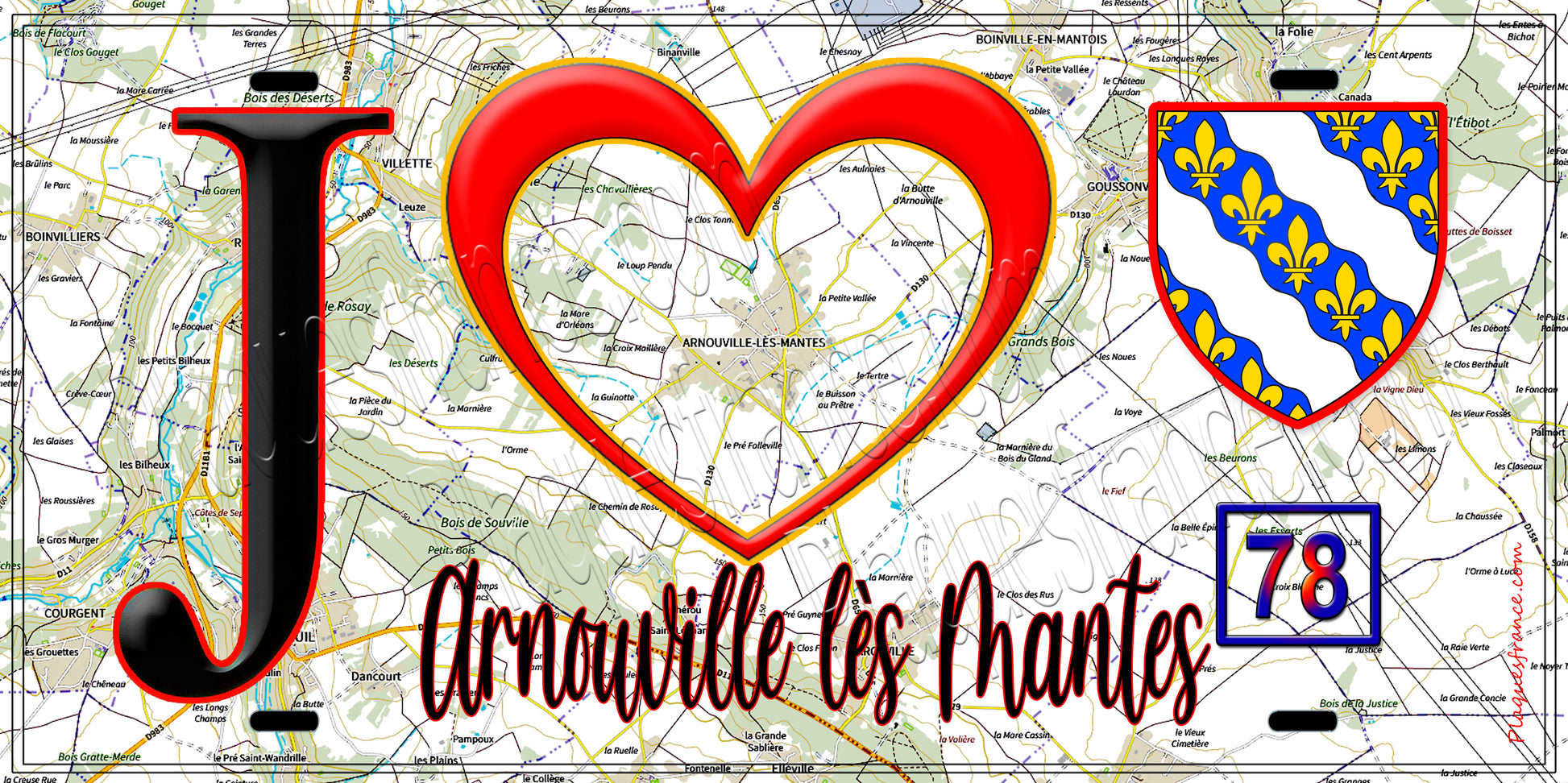 Plaque métal décorative  J' ❤️ Arnouville les Mantes, Yvelines (78) fond carte