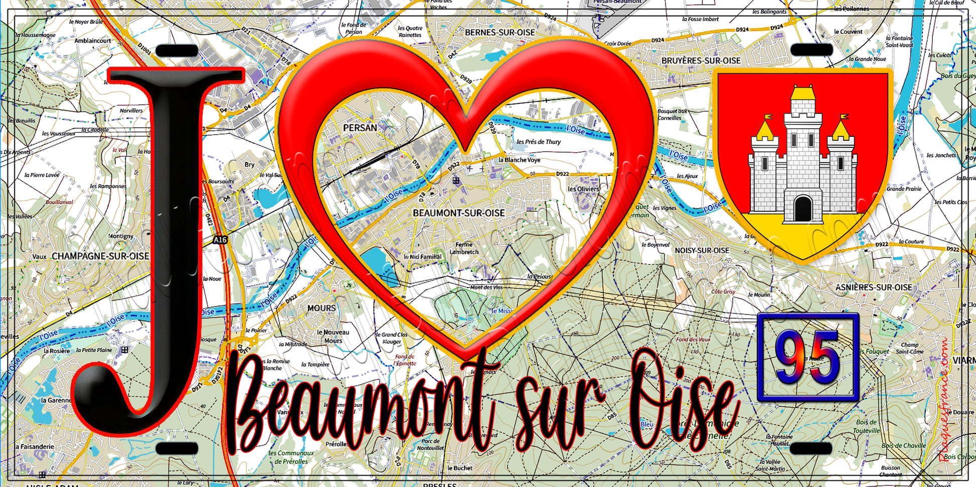 Plaque métal décorative  J' ❤️Beaumont-sur-Oise, Val d'Oise (95) fond carte
