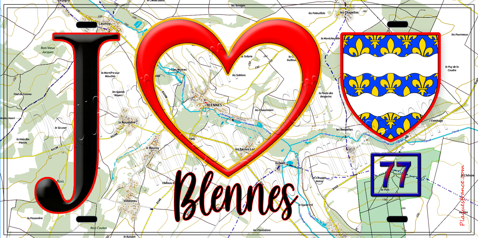 Plaque métal décorative  J' ❤️Blennes, Seine et Mrne (77) fond carte