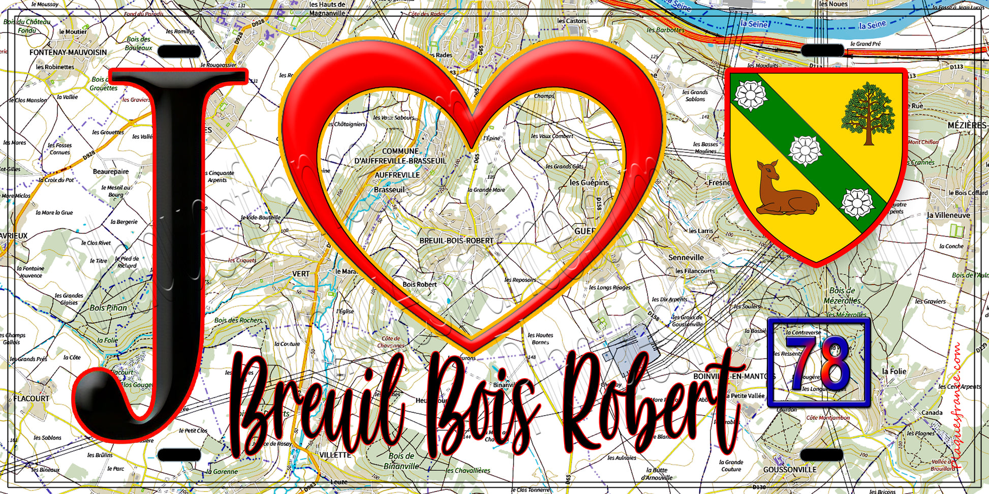 Plaque métal décorative  J' ❤️  Breuil-Bois-Robert, Yvelines (78) fond carte