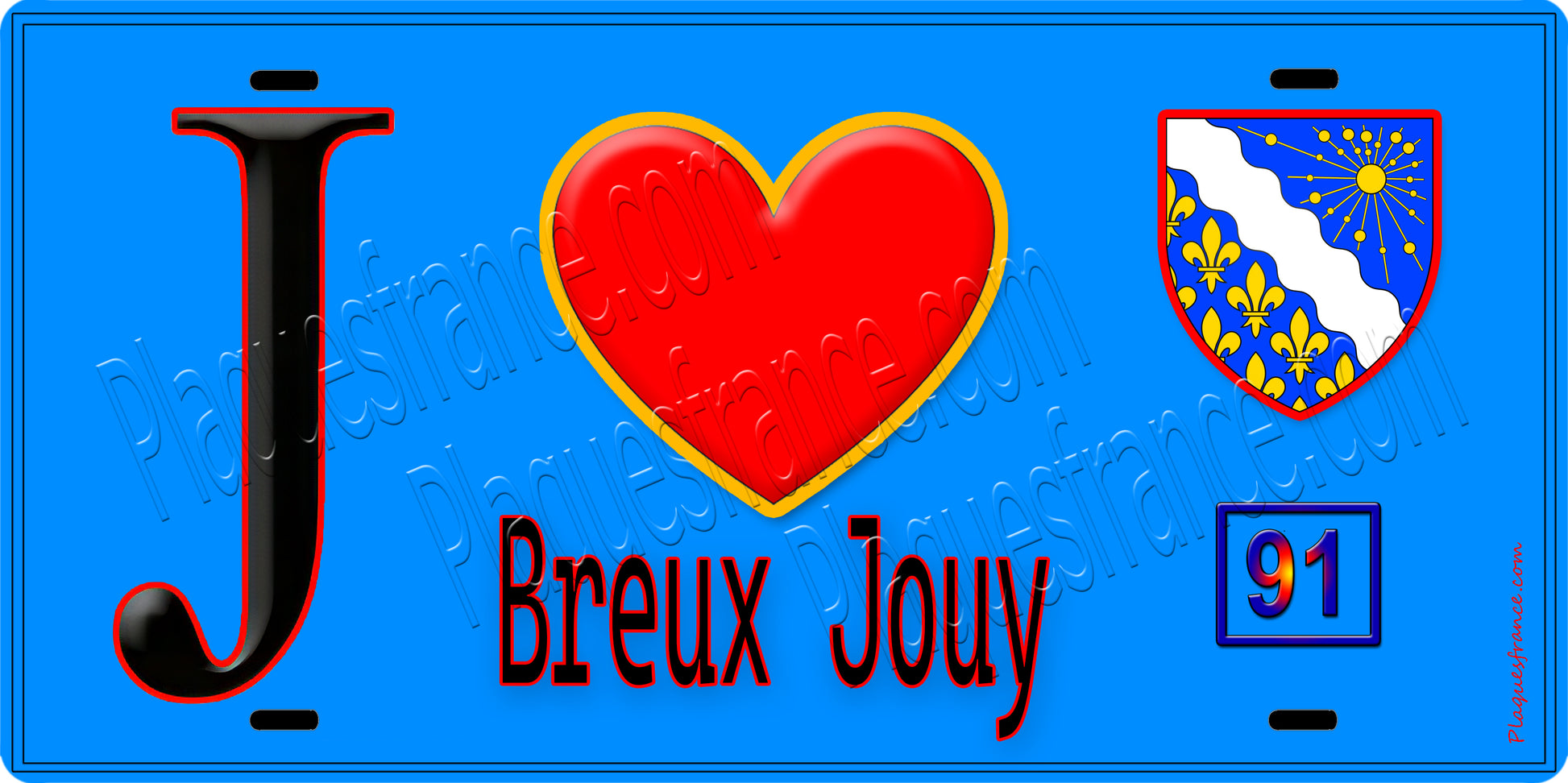 Plaque métal décorative  J' ❤️Breux-Jouy, Essonne (91) fond bleu