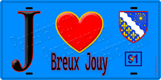 Plaque métal décorative  J' ❤️Breux-Jouy, Essonne (91) fond bleu